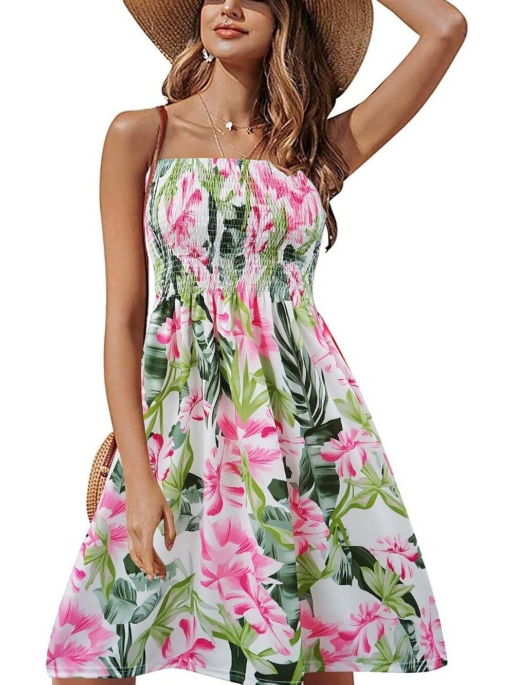 Women's Topical Leaf Strapless Smocked Tube Top for Summer Beach Boho Mini Dress